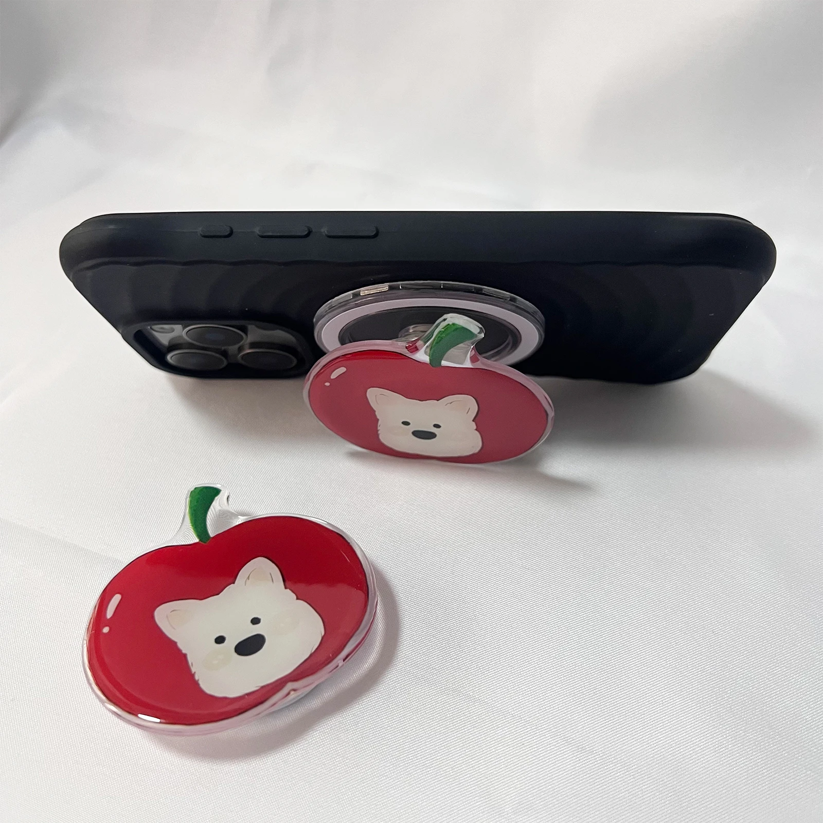 Bonito animal de estimação vermelho apple e ahite cão suporte do telefone griptok suporte para iphone 17 16pm samsung caso soquete suporte presente da menina