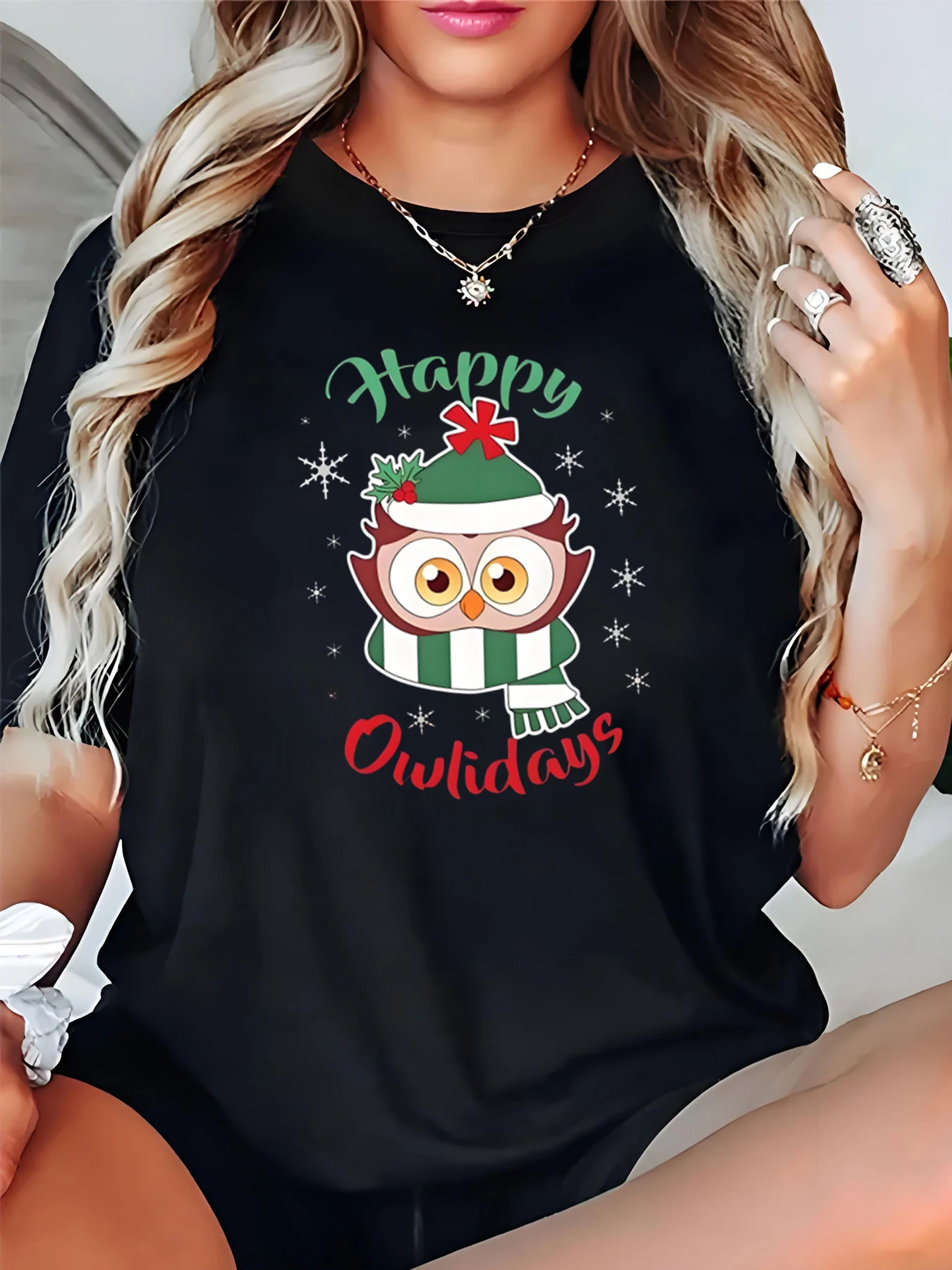 

Женская рождественская футболка с принтом совы Happy Owlidays, повседневный топ для праздничной вечеринки