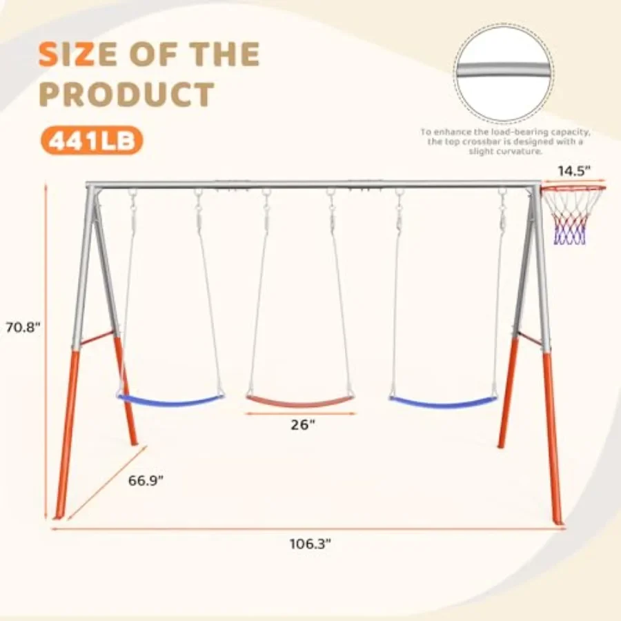 3 مقاعد مجموعات أرجوحة للفناء الخلفي مع مجموعات أرجوحة معدنية لكرة السلة للخارجية مع 3 مقاعد قابلة للتعديل بارتفاع 6 خيوط قفل
