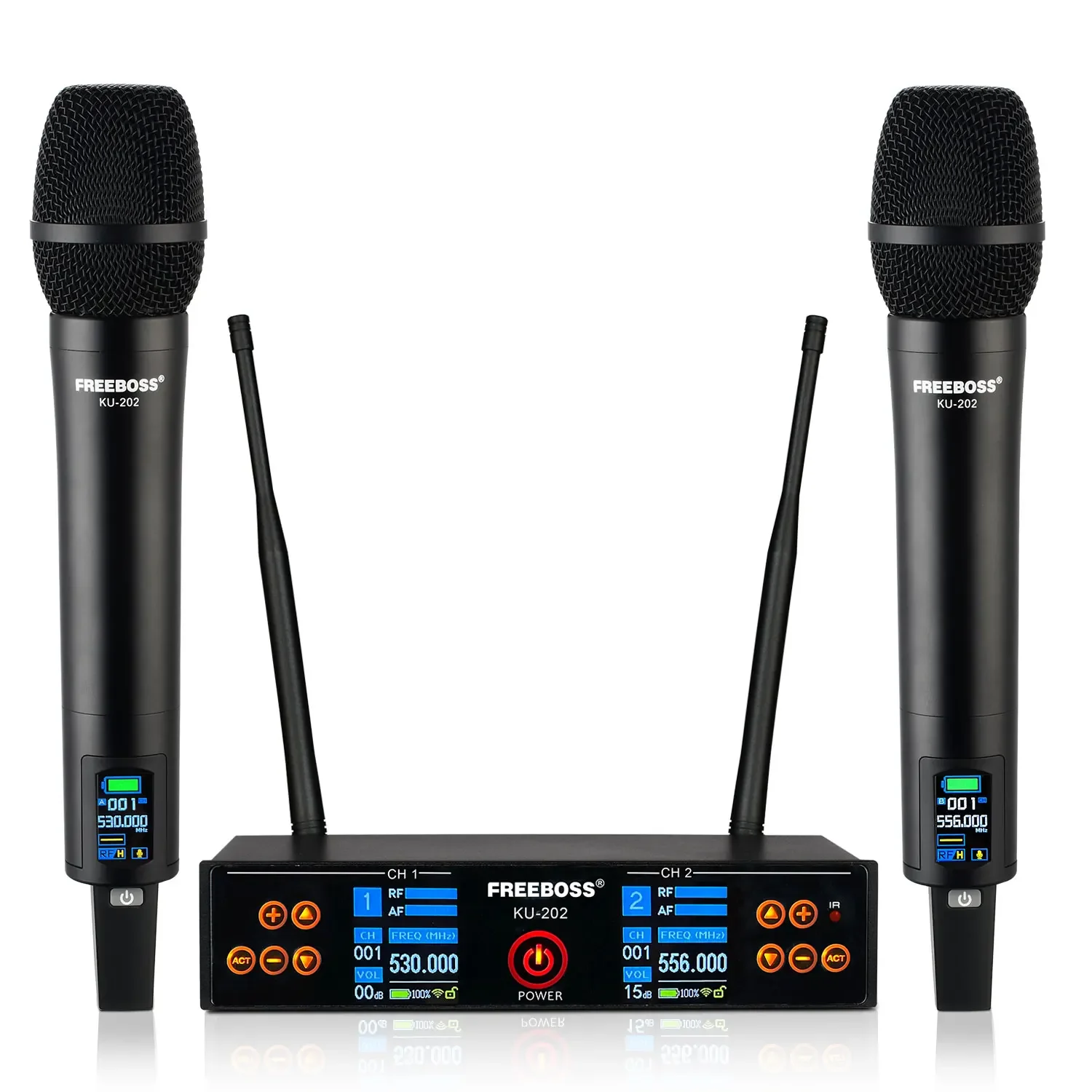 

FREEBOSS Rechargeable Wireless Mic UHF 2 Way Dynamic Cardioid Transmitter Cordless Concert Dual Microphone Karaoke System KU-202