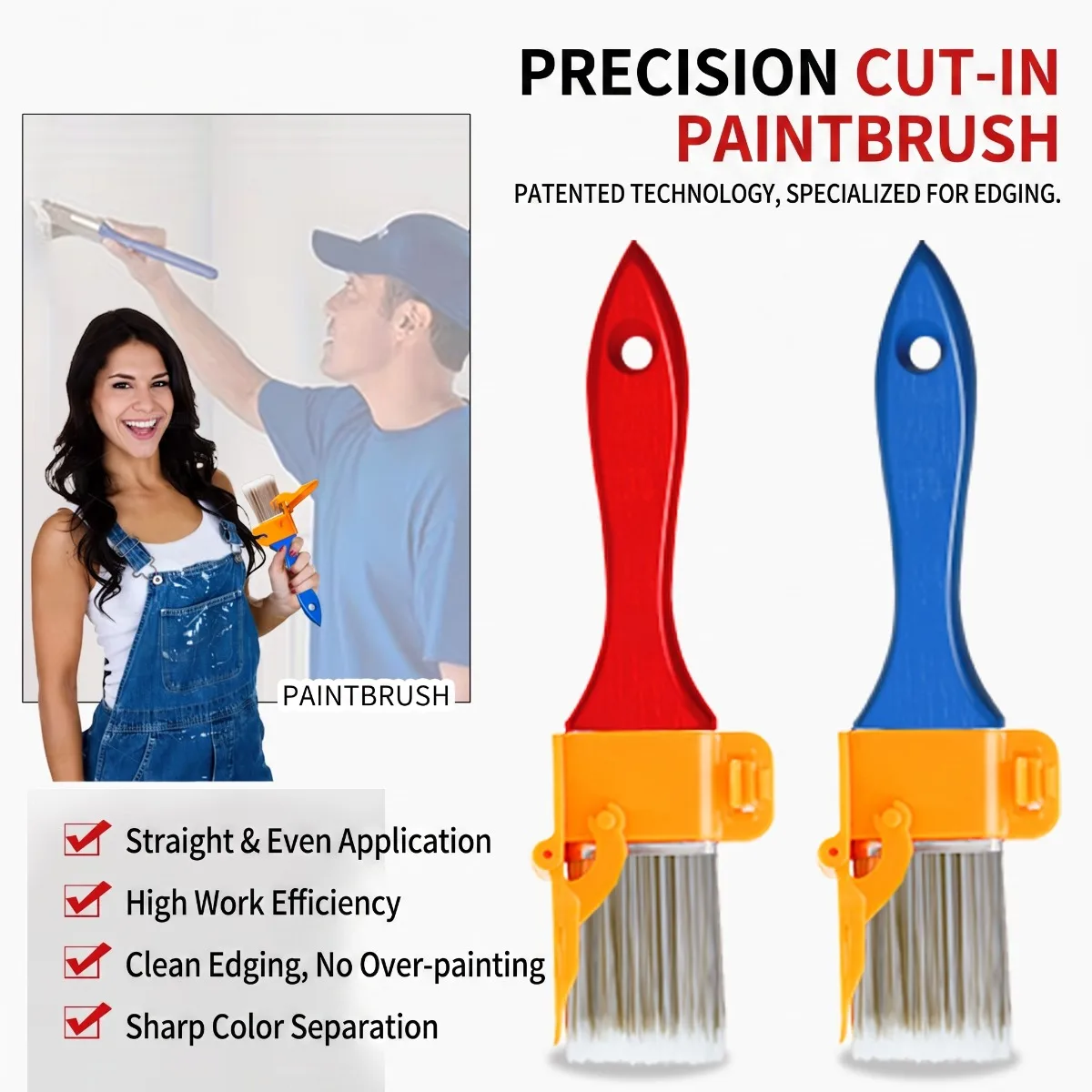 1pc Precision Edging Paint Brush, Dual Brushes Red & Blue, Orange Handle, Portable Brush for Walls, Ceilings, Trim DIY Tools
