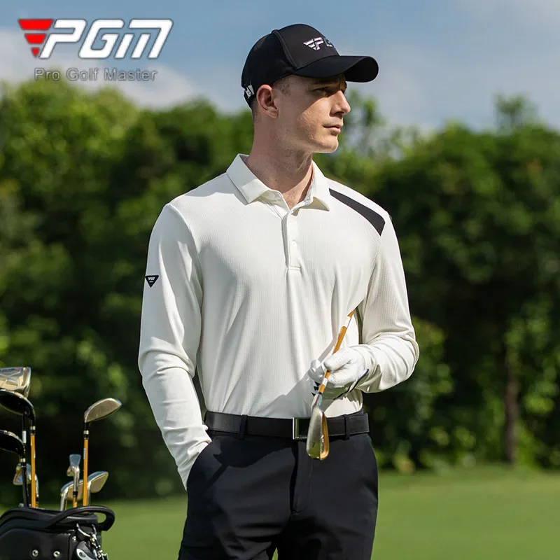 PGM Men Casual Golf Shirt Male Autumn Long Sleeve Sports T-shirt Men Turn Down Collar Polo Tops Patchwork Golf Clothing 5 Colors