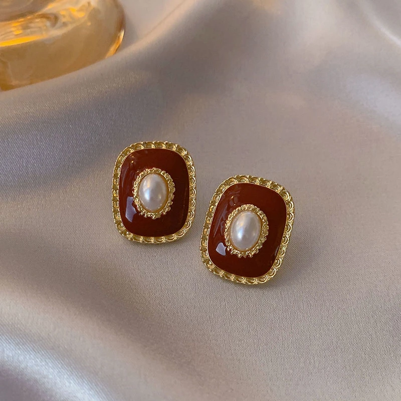 Mode Geometrische Rote Emaille Ohrstecker für Frauen Aussage Vintage Imitation Perlen Ohrringe Licht Luxus Party Schmuck Geschenk – Detail 13