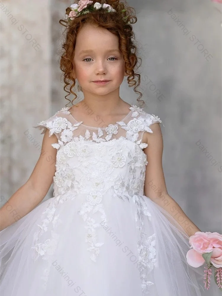 White Flower Girl Dress Tulle Appliques Kids Princess Bespoke Elegant Birthday Prom Communion Formal Occasion Wedding Party Gown