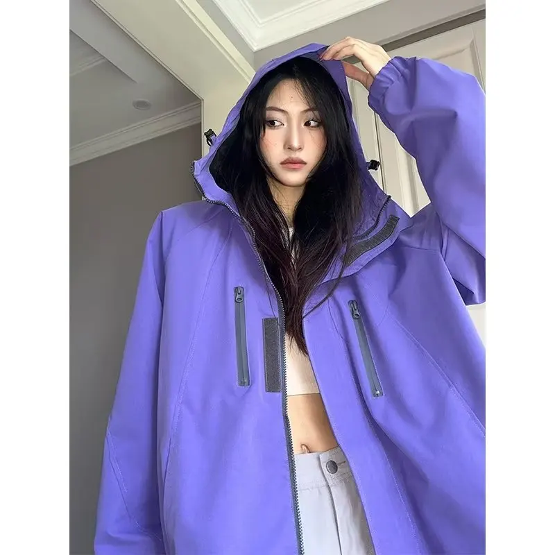 Korean Cycling Jacket Couple Spring Locomotive Loose Waterproof Outwear Women Purple Hooded Jacket Sports Outdoor Travel Coats