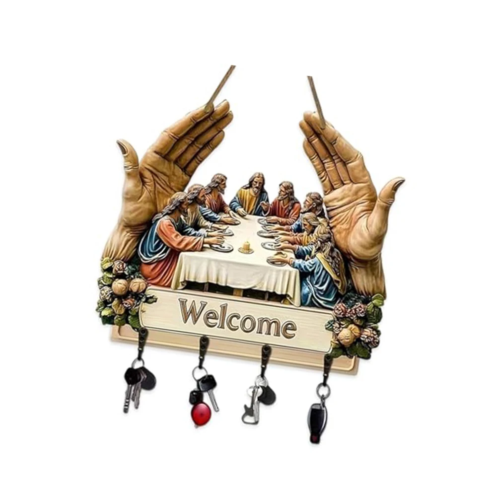Faith-Centered Wooden Key Holder with Central Last Supper Image and 4 Hooks - Religious Wall Mounted Decor for Foyer or Hallway