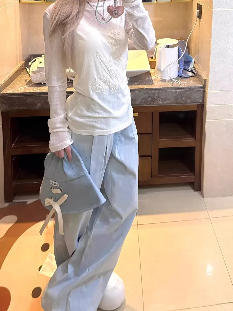 Summer Unique Design Long Sleeve Women's T-Shirt Cover up Transparent Thin Sunscreen Top Korean Style Printed Slim Fit Tee