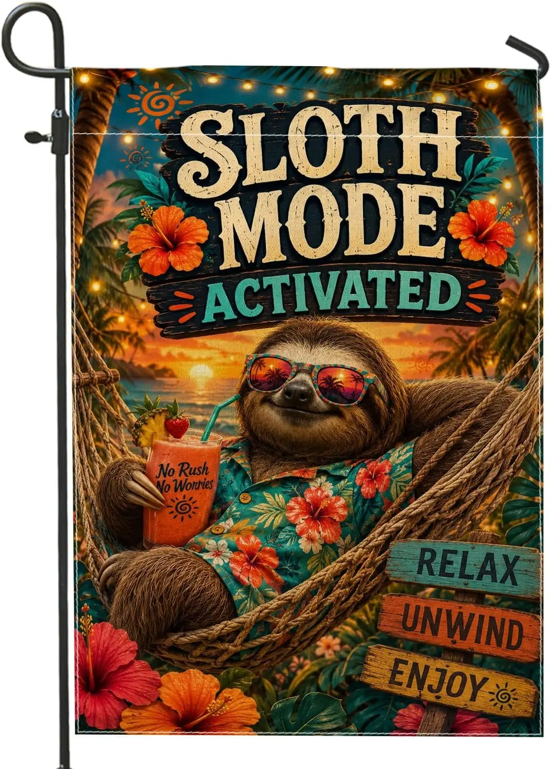 Sloth Garden Flag, Tropical Relaxation Hibiscus Sunset Summer Green Double Sided Burlap Small Garden Yard Flag for Outdoor L yyi