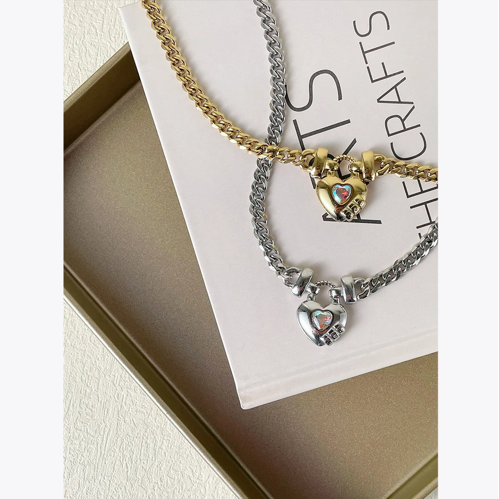 ENFASHION Stainless Steel Necklace Heart-shaped Colored Zircon Pendant Necklaces Fashion Jewelry Collares Para Mujer P223300