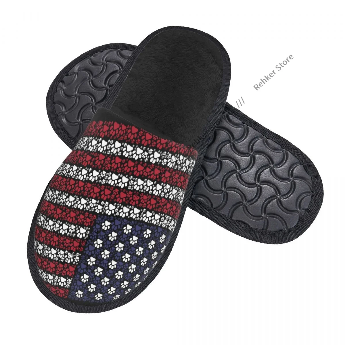 Paw Footprint Pictograms Waving USA Flag Indoor Slippers Furry Slipper Winter Home Shoes House Flat Closed Toe Slides Flip Flops