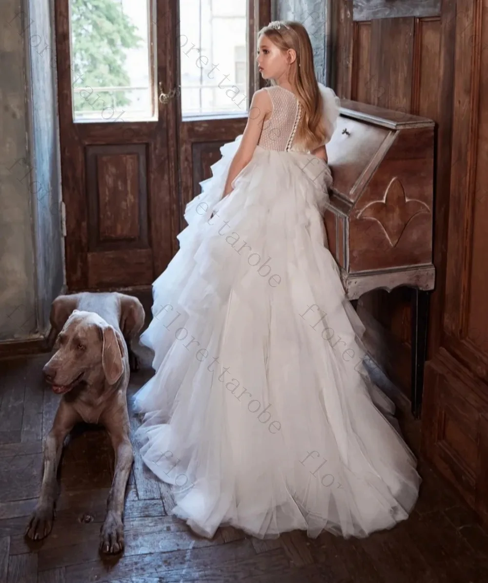 Customized White One Shoulder Kids Ball Gown Floral Lace Beaded Bodice Multi Layer Ruffle Tulle Long Dress for Birthday Wedding