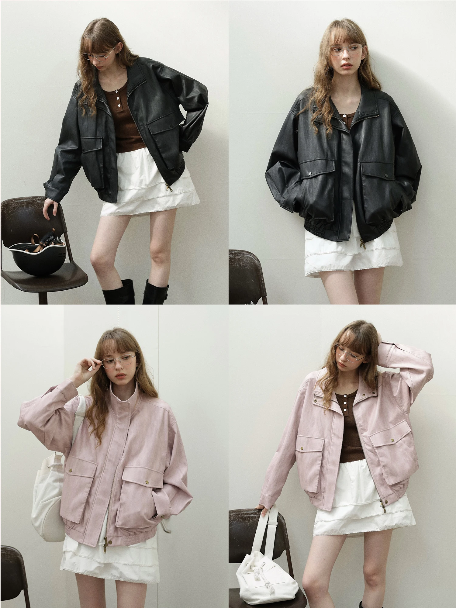 

Enroute Steady Early Spring Vintage Stand Collar Ultra Soft Large ket Zipper Button Two Tone Leather Jaet Coat