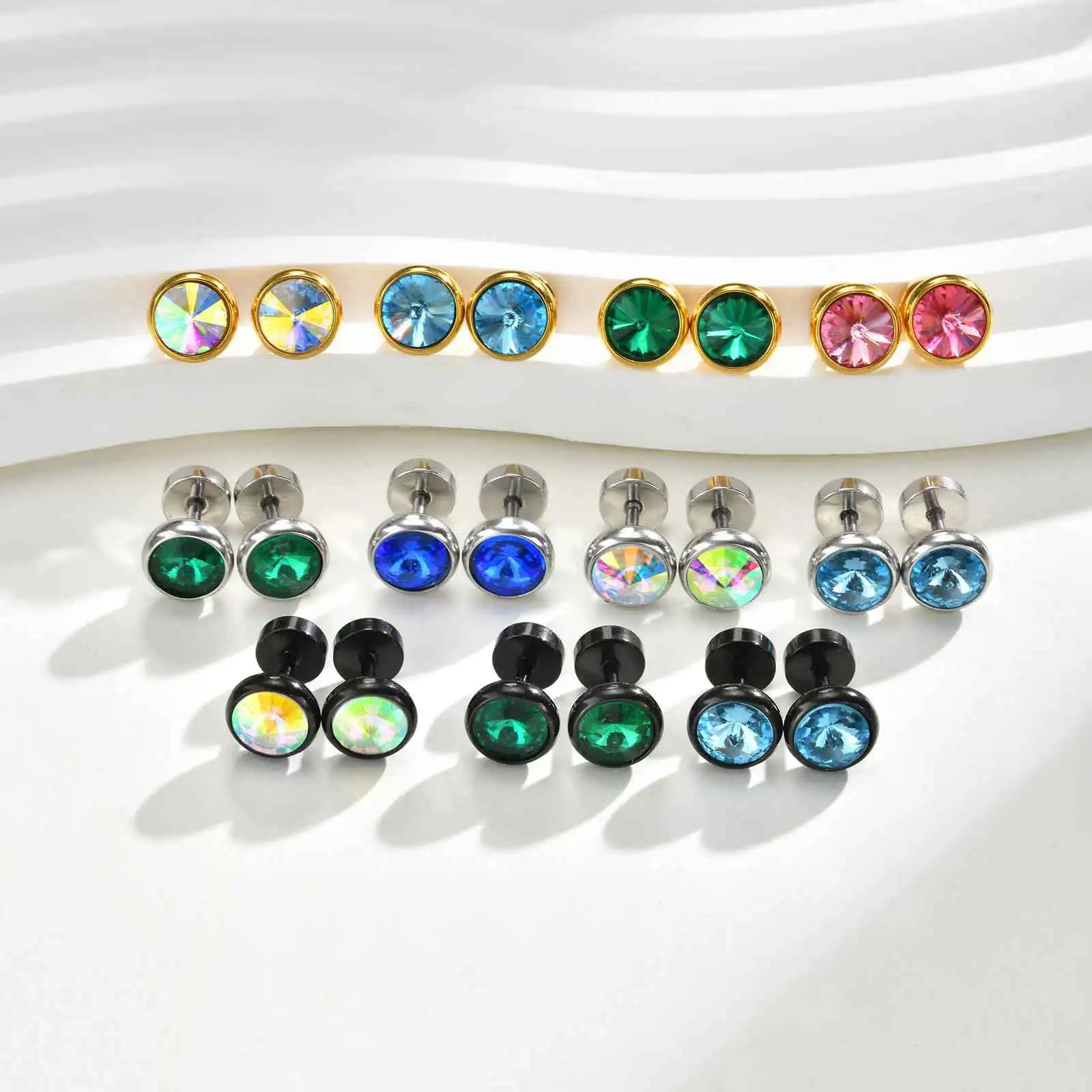Round Zircon Stud Earrings for Men Women 8mm CZ Stone Stainless Steel Anti Allergy Ear Stud Hip Hop Classic Accessories Gift