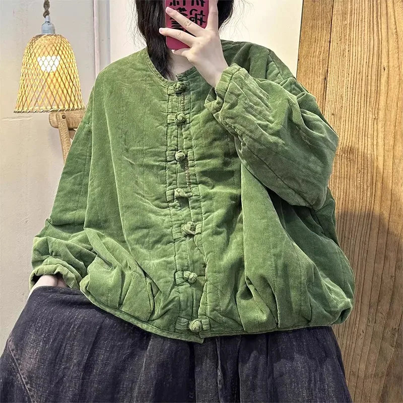New Arrival 2023 Autumn Winter Arts Style Women Thicken Warm Cotton Liner Short Coat Vintage Single Breasted Loose Jacket P365