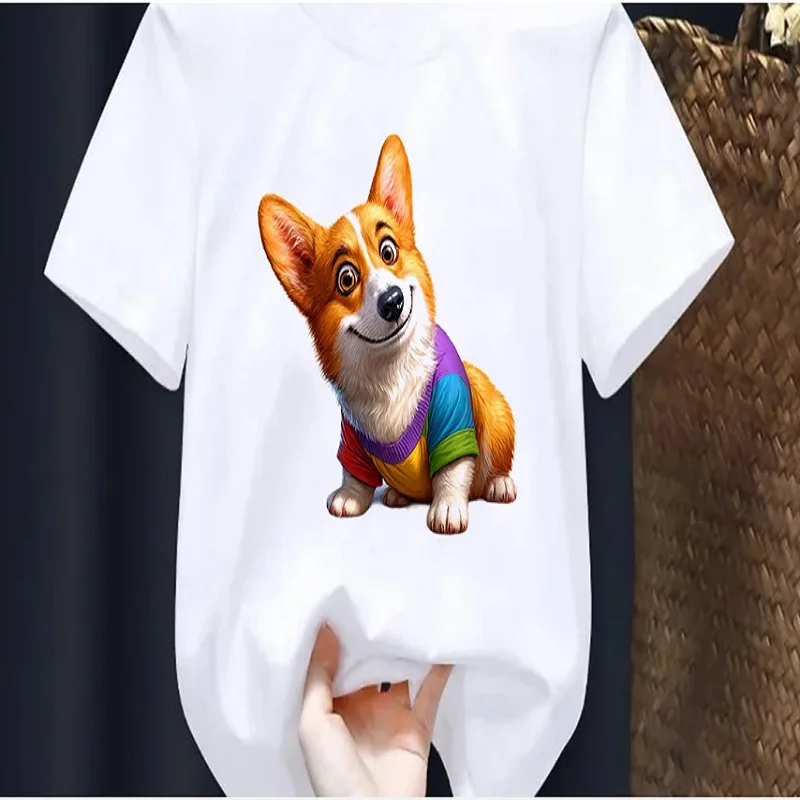 Rainbow Corgi Animal Printed Tshirt Girls/Boys Funny Kids Clothes White  T Shirt Cute Shirt Summer Tops Tee T-Shirt