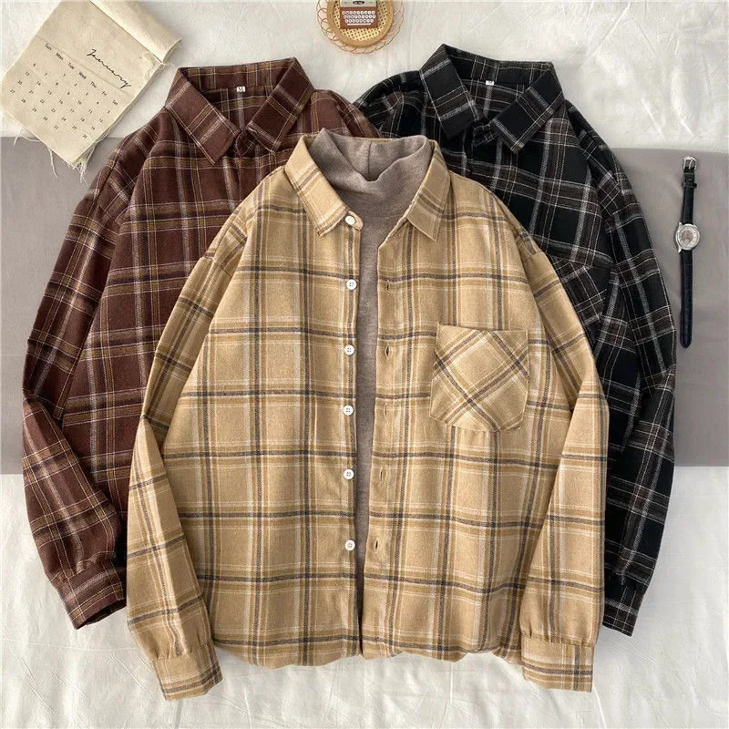 CHAXIAOA Vintage Women Plaid Shirts Autumn Long Sleeve Oversize Button Up Tops Korean Loose Casual Fall Outwear Femme Shirts