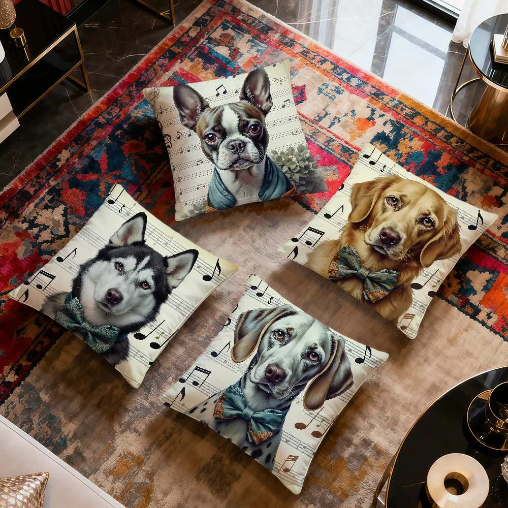 Elegant Fashion Vintage Luxury Musical Notes Dog Soft Pillow Cover For Sofa Home Living Room Decor Protective Hogar Pillowcase