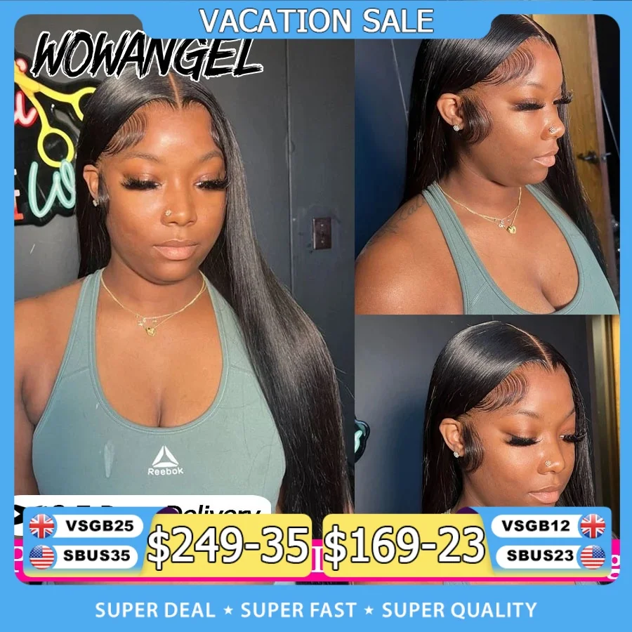 WowAngel 250% Pre Bleached 13x6 HD Lace Front Wigs 34in Glueless Straight Human Hair Wigs Pre Plucked Brazilian Hair For Women