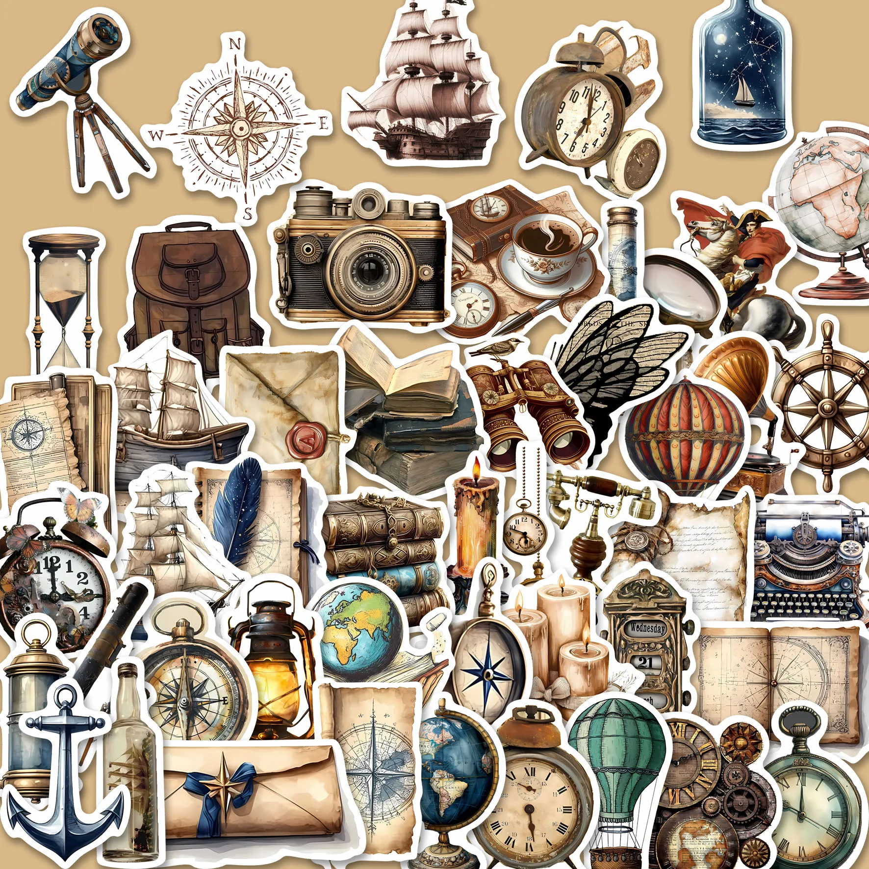 50pcs Retro Travel Lifestyle Aesthetic Trendy Stickers Pack | Aesthetic Vintage Nautical & Explorer Decals | Vinyl for Phone Cas