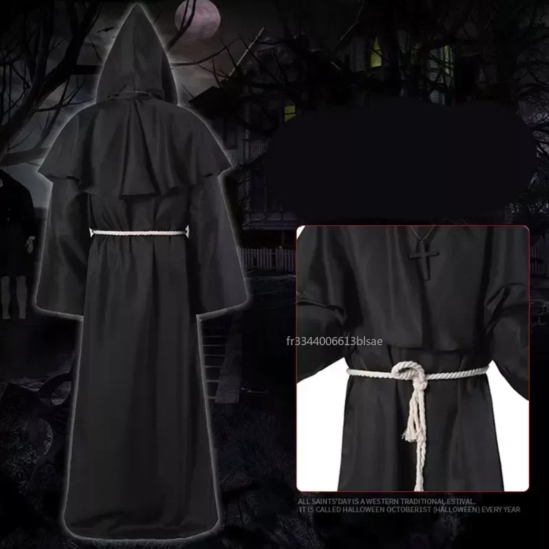 New Wizard Costume Halloween Cosplay Costume Medieval Hooded Robe Monk Friar Robe Priest Costume Ancient Clothing Christian Suit