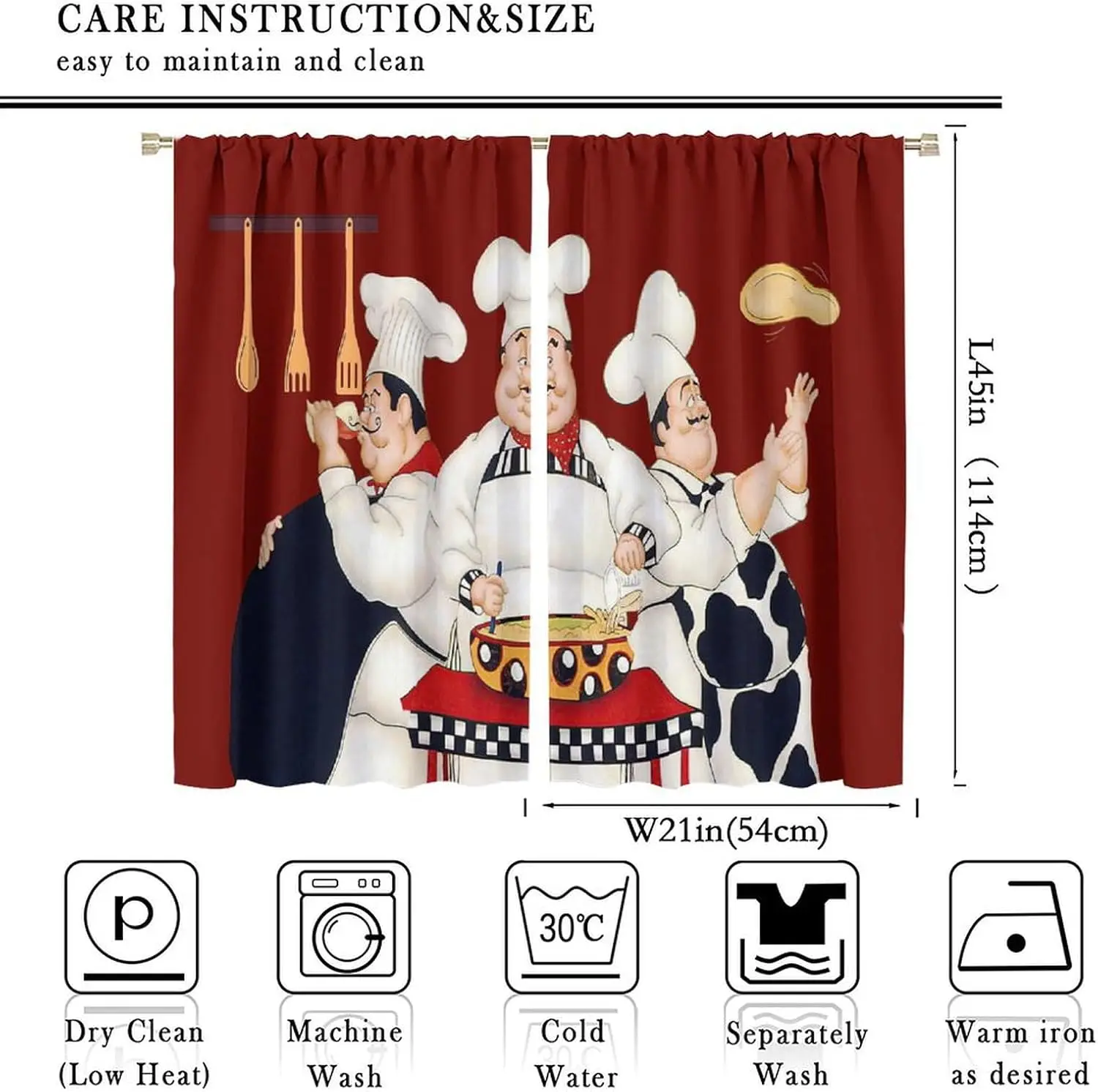 Chef Kitchen Decor Window Curtains - Three Fat Chefs Style Print for Home, Kitchen, Living Room, Coffee Room - 2 Panels