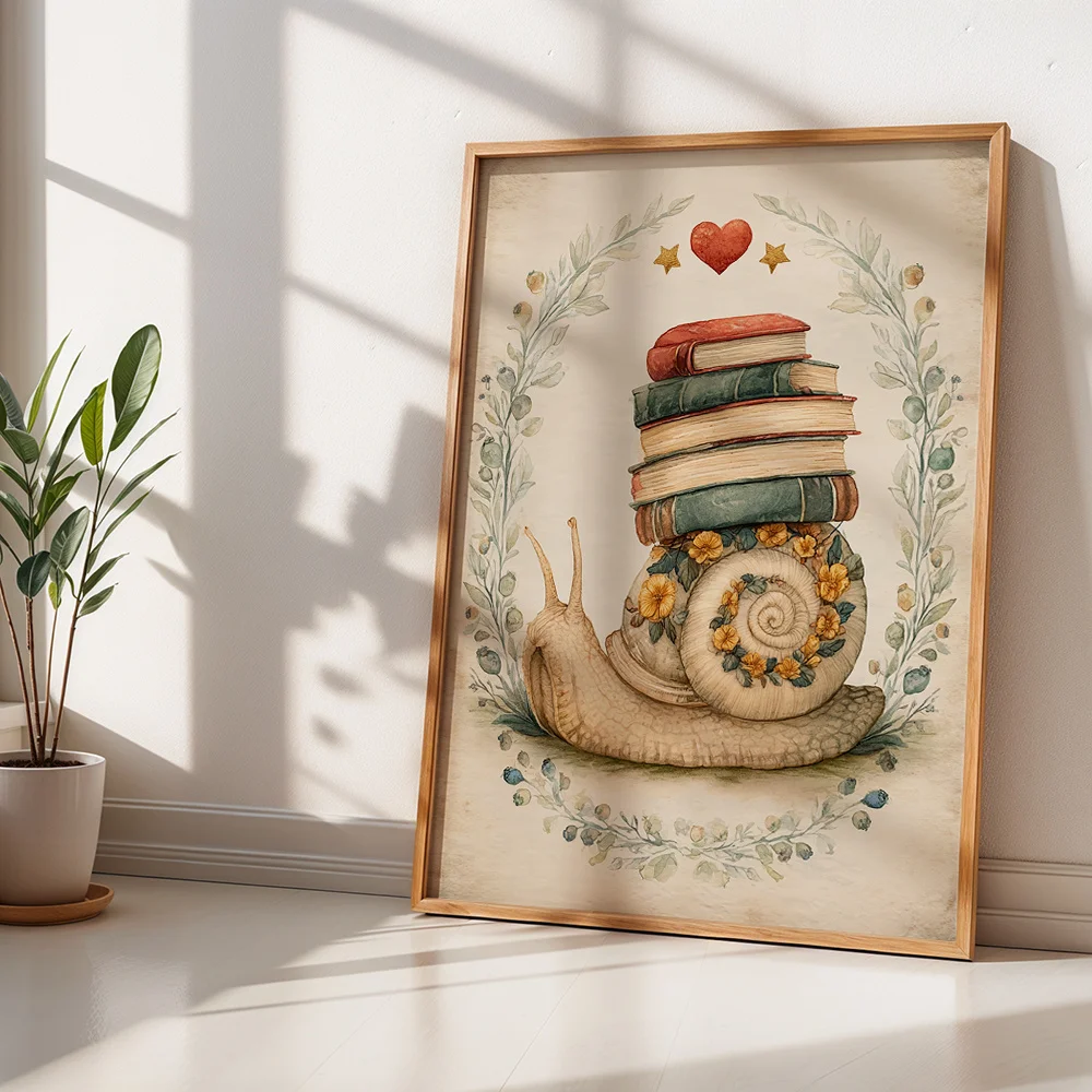 Abstract Snail Illustration Books Canvas Wall Decor Picture, 2D Printed Poster Wall Art, Vintage Home Decor Gift For Living Room
