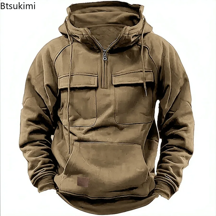 

New Autumn Winter Men's Half-zip Hooded Jackets Solid Color Warm Casual Hoodies Multi-pockets Patchwork Men Pullover Sweatshirts