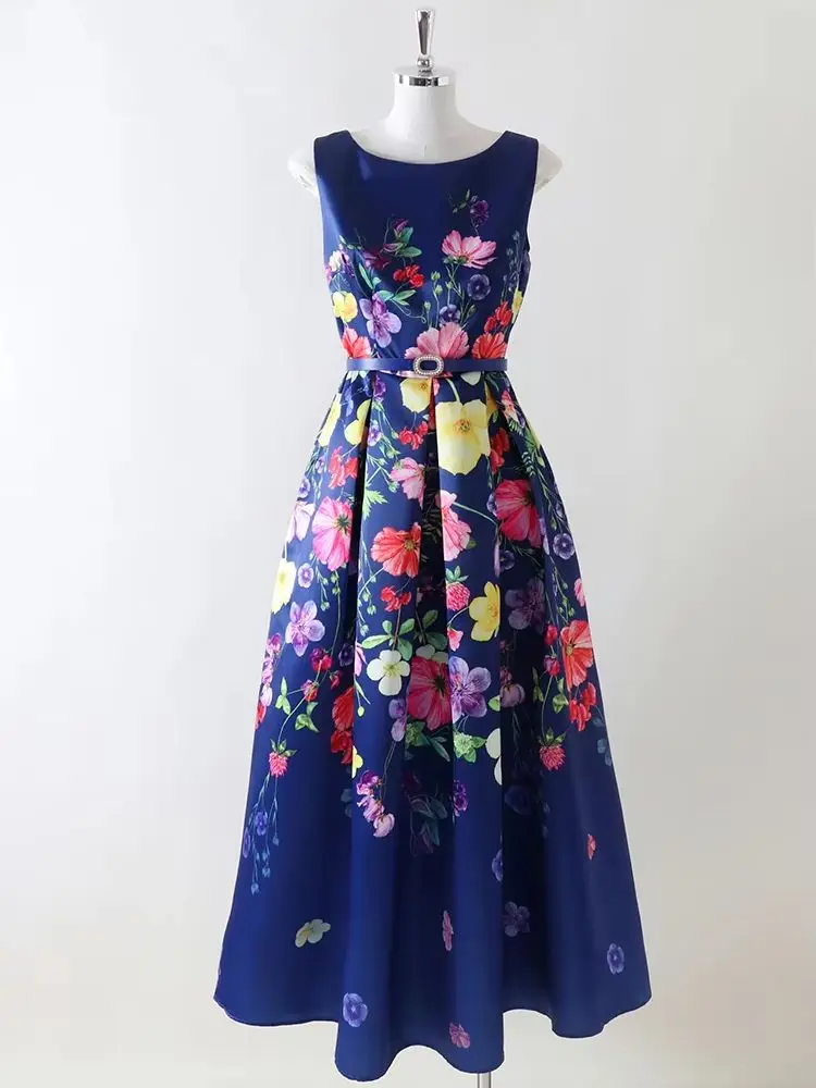 

Navy Floral Print Sleeveless Midi Dress Women Elegant Belted Waist Summer Party Vintage A-Line Outfit