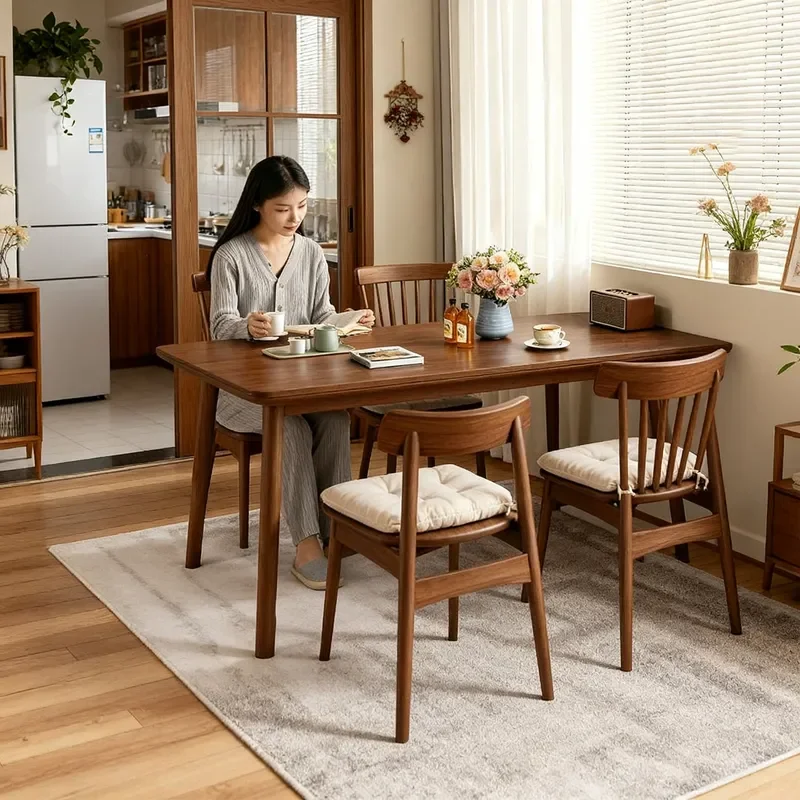 Solid Wood Dining Table Black Walnut Rectangular Large Board Table Simple Eating Desk for Small Apartment Chair Set