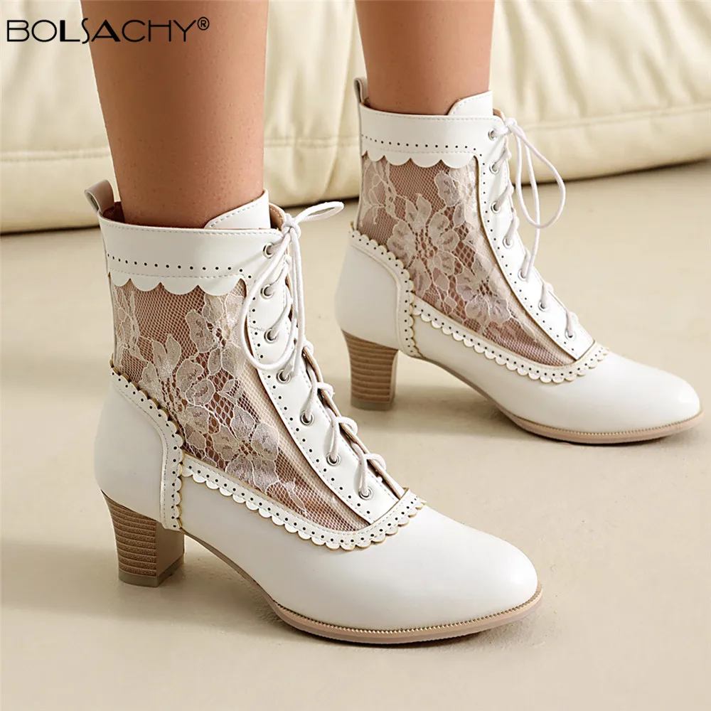 Women Victorian Ankle Boots Leather Lace Hollow Mesh Heel Shoes for Women Fashion Lace-up Spliced Ladies High Heels Woman Boots