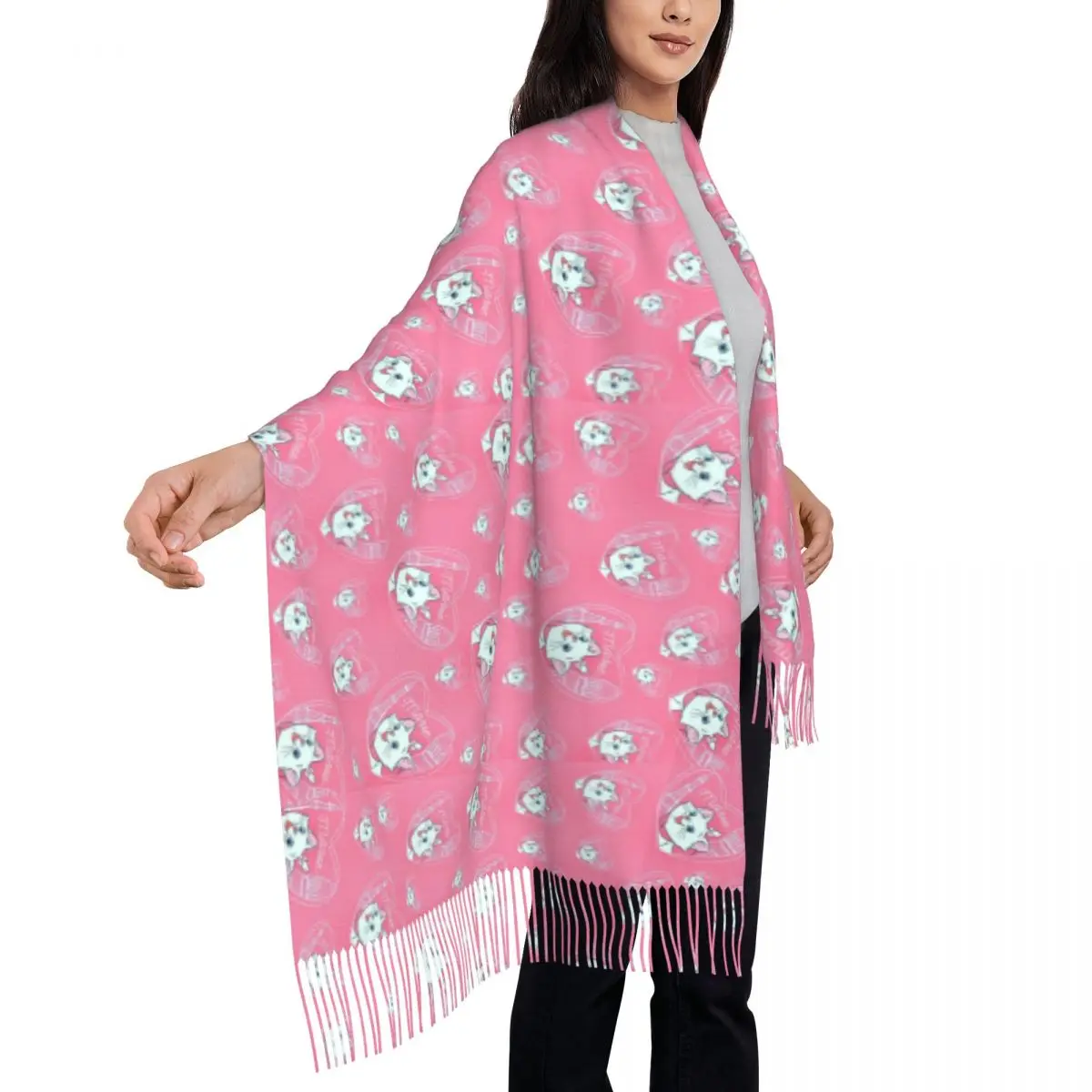 Custom Marie Aristocats Cat Tassel Scarf Women Winter Fall Warm Shawl Wrap Lady Scarves