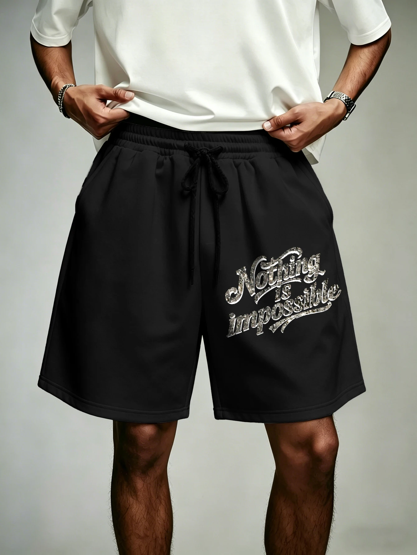 Men's Oversized Streetwear Retro Letter Slogan Print Polyester Drawstring Loose Casual Shorts S-2XL All Size 1Pc