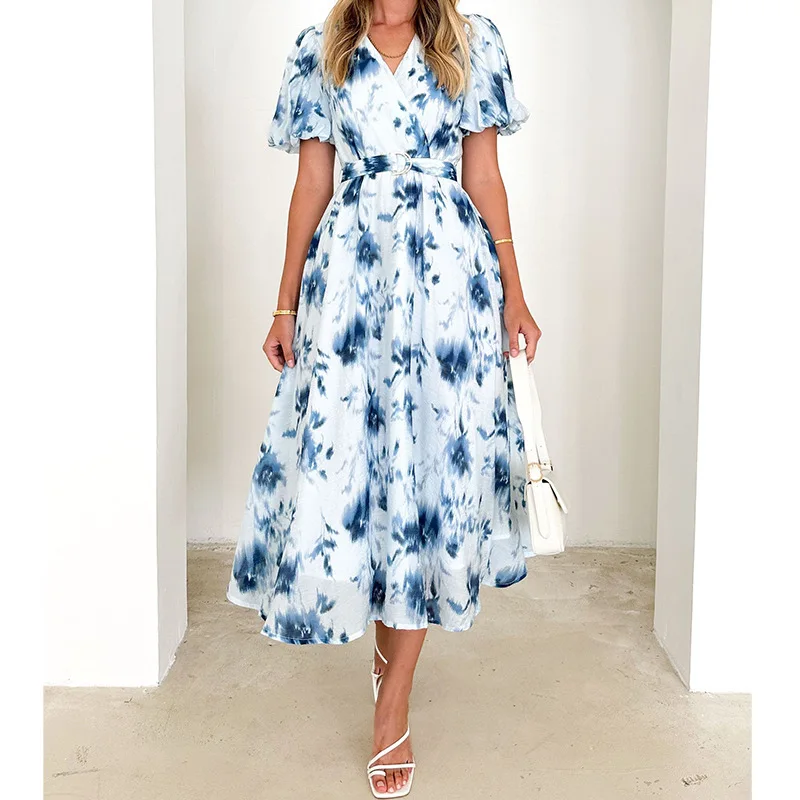 

2025 Spring/summer New European and American Long Women's Puff Sleeves High-end Printed Sexy Style Women's V-neck Dress Women