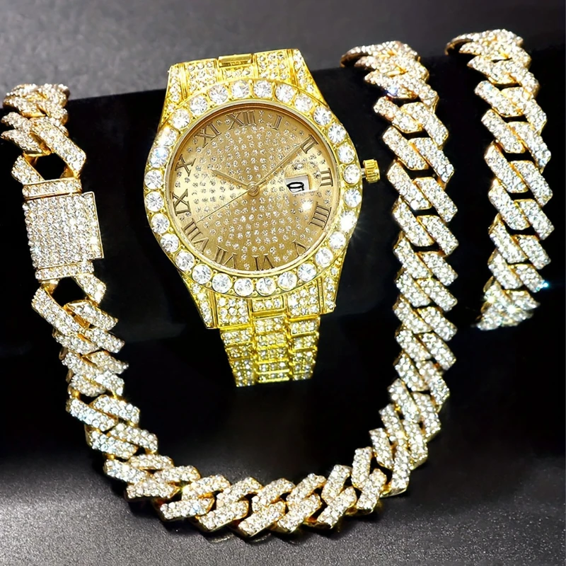 Elegant and Unique Roman Scale Dial Fashion Hip Hop Style Women's Quartz Watch+Bracelet Necklace 3Pc Set-Trendy Roman Scale Dial