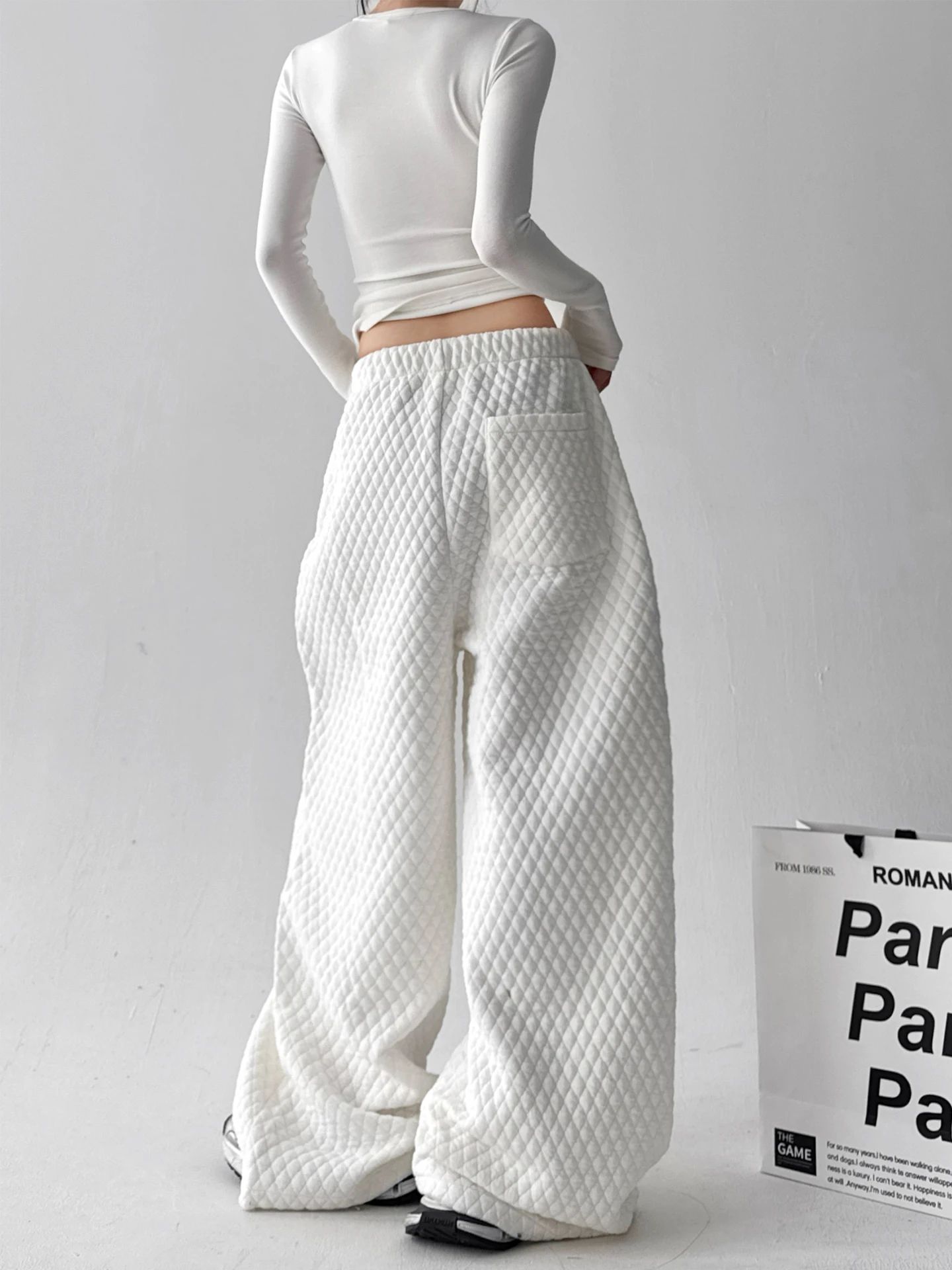 Thiened Fce Wide Leg Pants Women's Winter Casual Straight Long Pants Diamond Pattern Cotton l Waist Lantern Pants