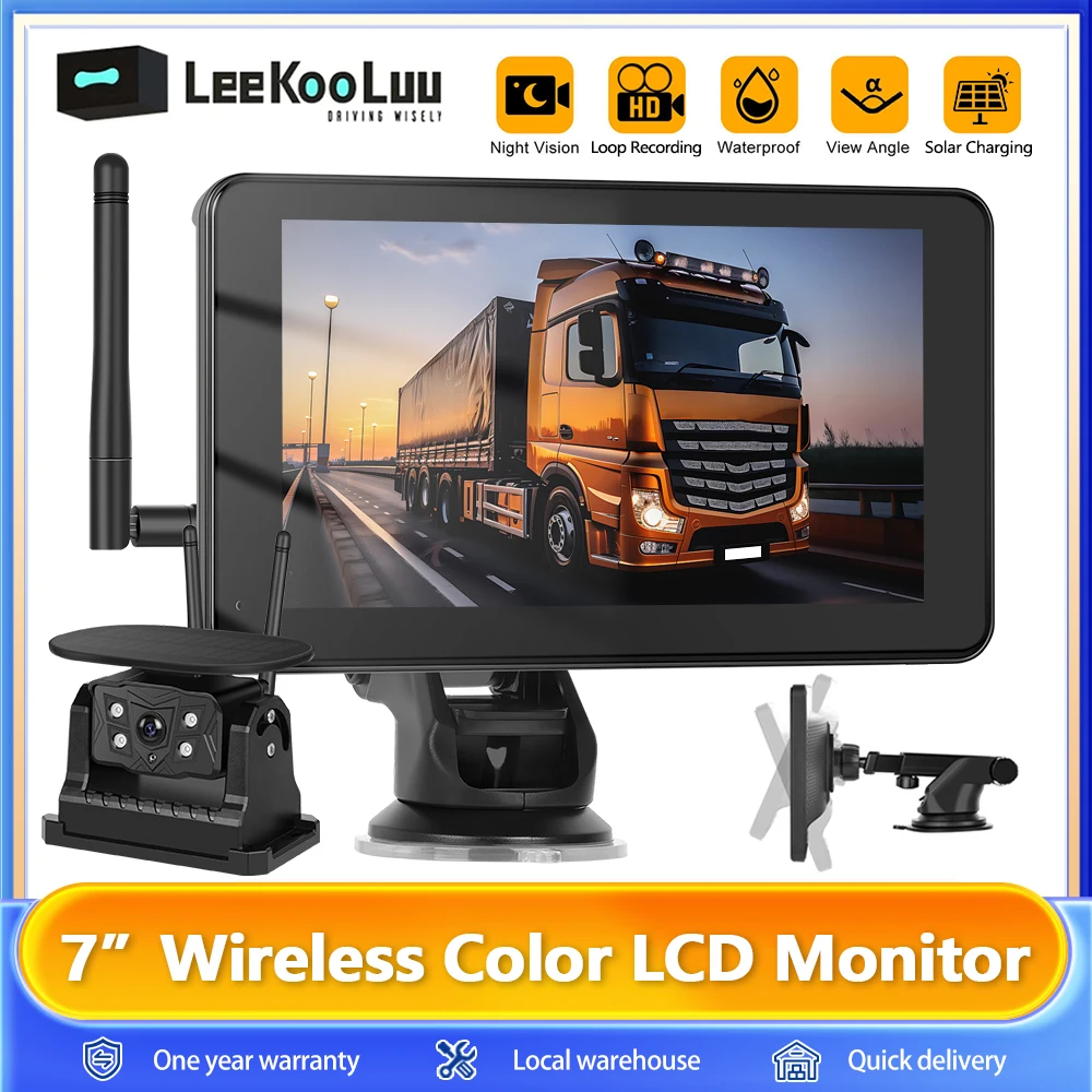Leekooluu-Caméra de recul solaire sans fil, écran IPS HD 7 ", grand angle, étanche IP68, fonction BSD statique en boucle