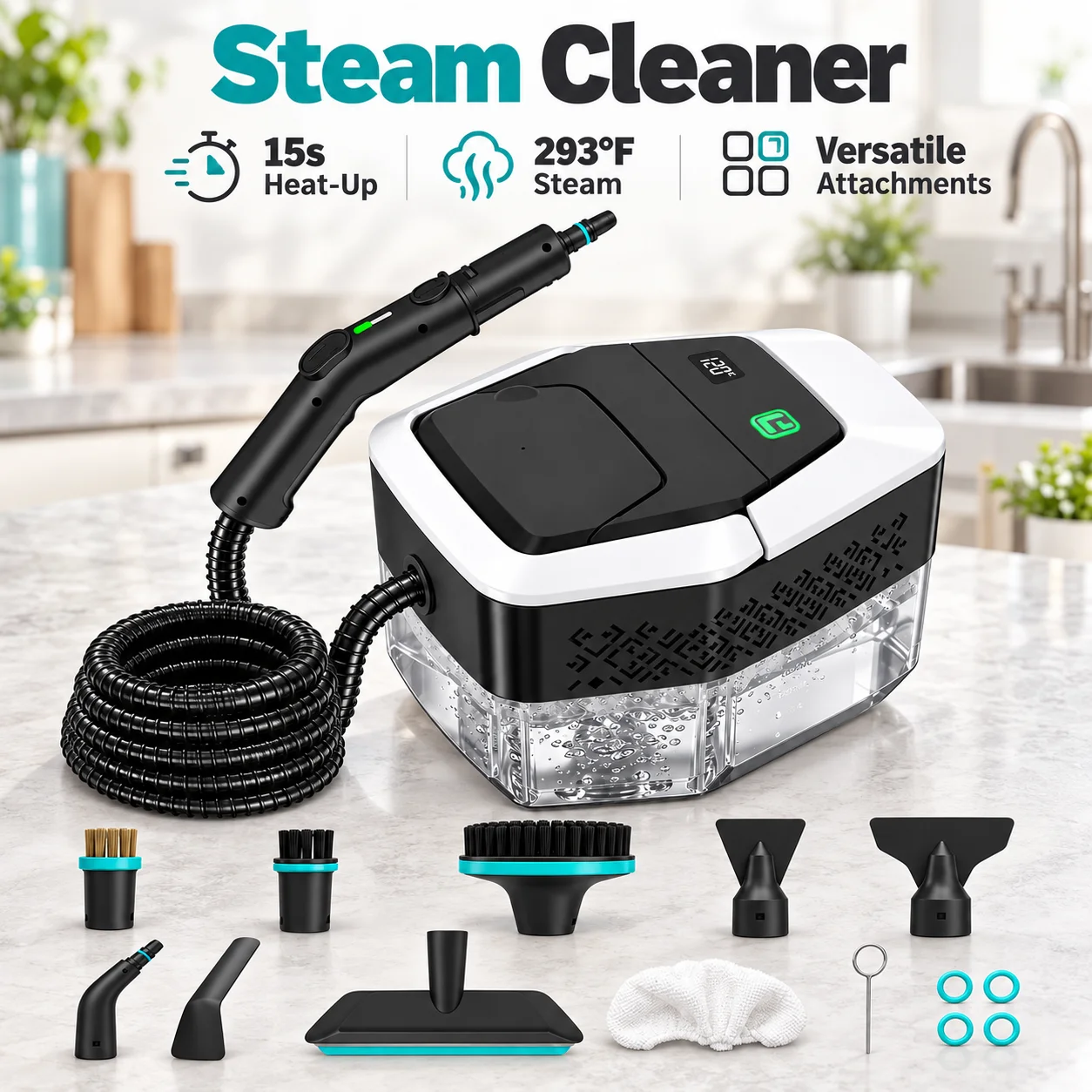 1500W Steam Cleaner 1.8L Water Tank 4 Bar Pressure With Brushes And Window Squeegee For Kitchen Bathroom And Household Cleaning