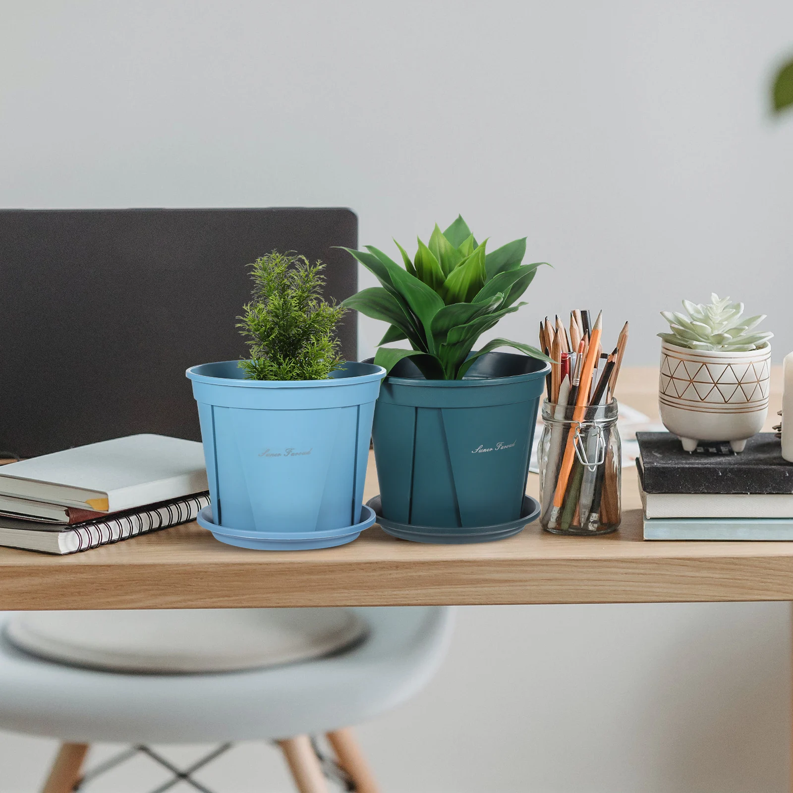 

3 set Planting Pots 3 Sets White Blue Green 11cm Nursery Garden Flowerpot Thickened Saucer Drainage Holes for Plants
