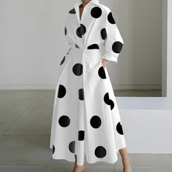 Autumn Polka Dot Print Midi Dress Women Elegant Pocket Maxi Dresses For Women 2024 Casual Loose Shirt Party Long Dress Ladies