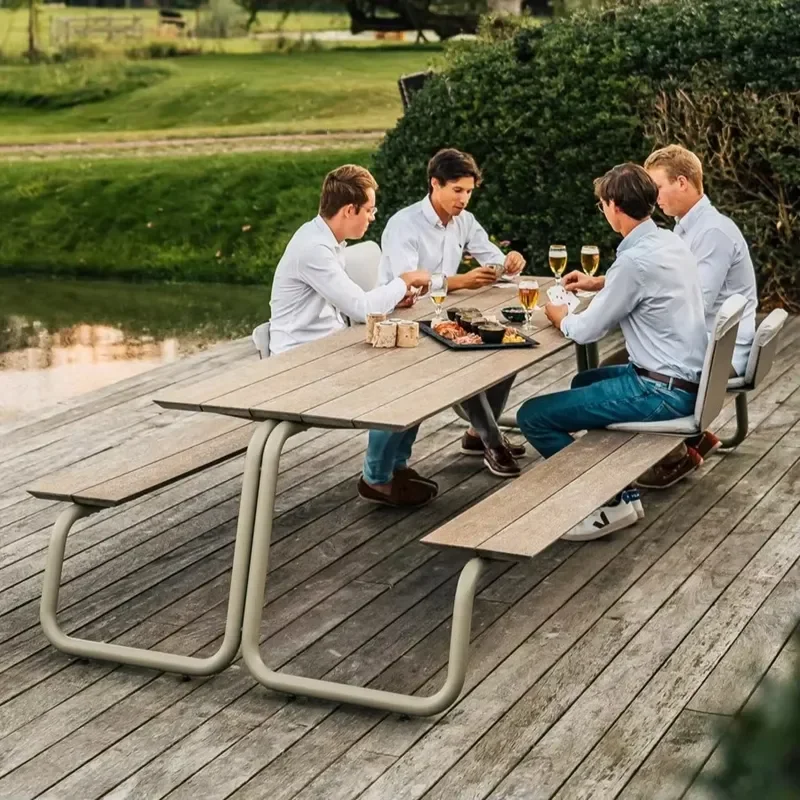 Outdoor Solid Wood Park Chair Long Table Garden Bench Durable Anticorrosive Teak Metal Frame for Modern Courtyard Public