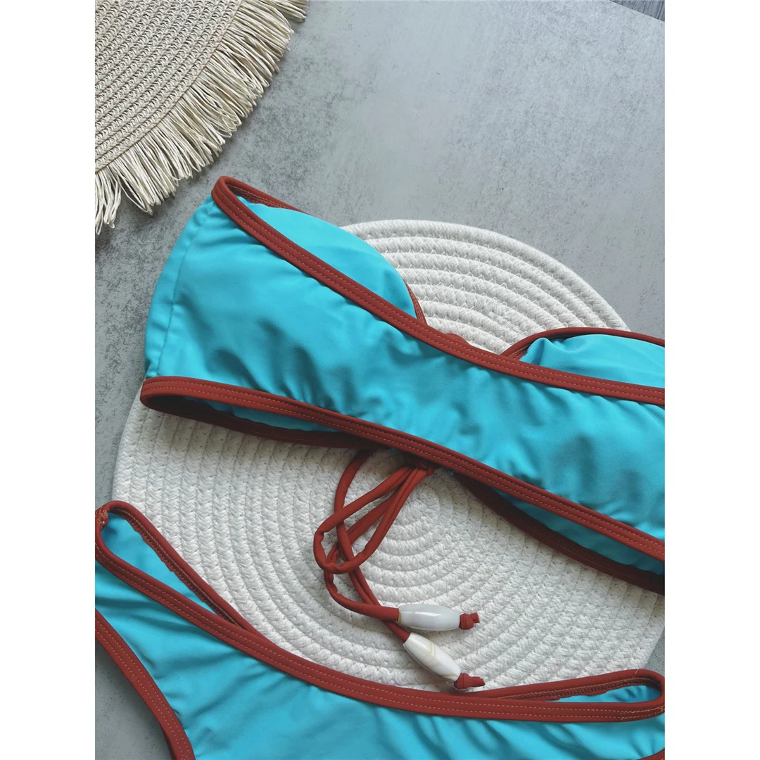 Bandeau-Bikini mit Knoten und hohem Beinausschnitt, brasilianischer Stil, Damen-Badeanzug, zweiteiliges Bikini-Set, Badebekleidung, Badeanzug, Modell V6402. – Detail 5