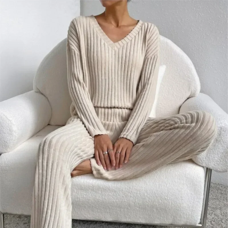 zekye Women's Casual V-Neck Women's Knitted Suit Top And Straight Pants Solid Color Sweater Two-Piece Set Home Suit For Women