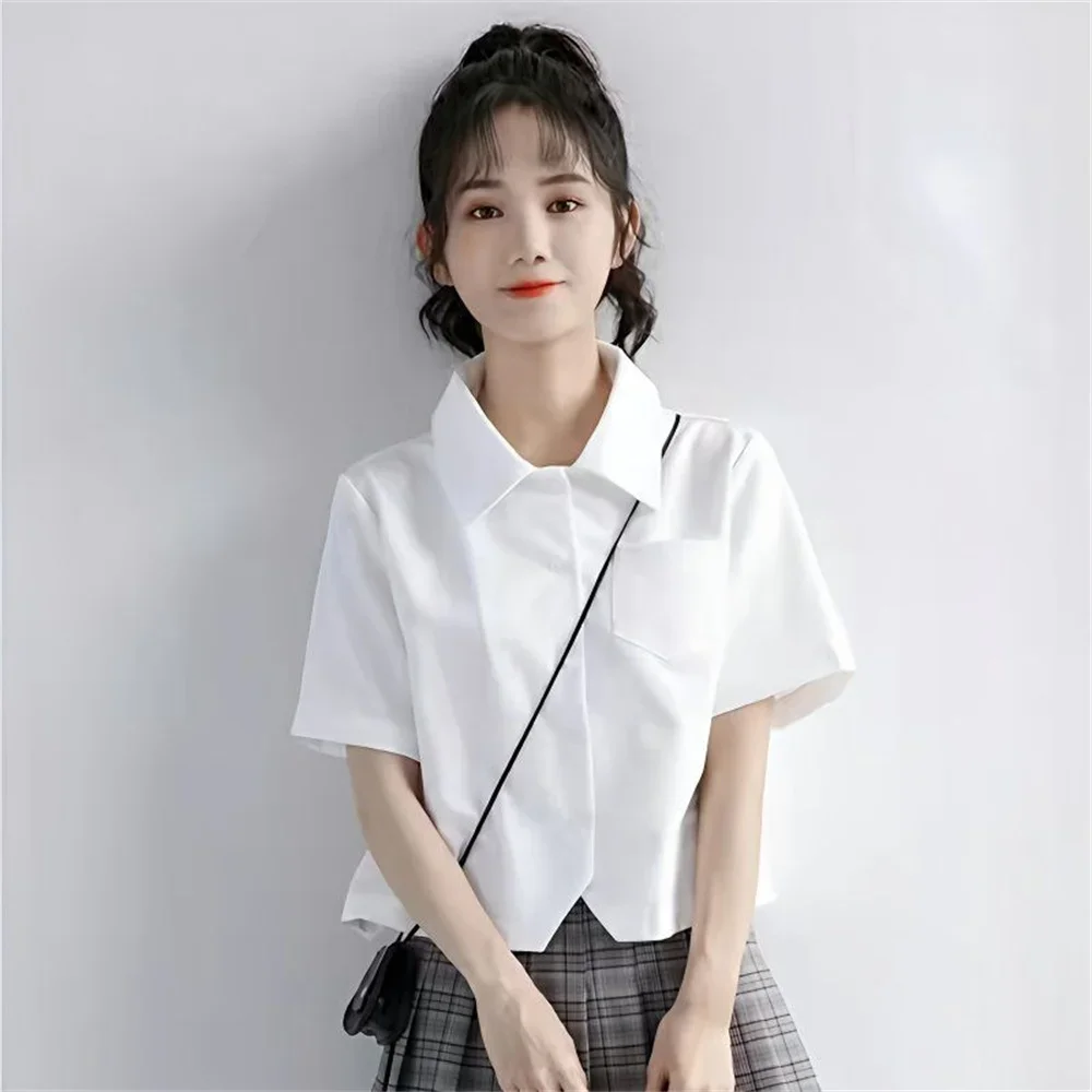 Preppy stijl shirt vrouwelijk 2025, zomer nieuw ontwerp, zoete meisjes, witte blouse met korte mouwen, Japanse schattige studenten tops, damesoverhemden