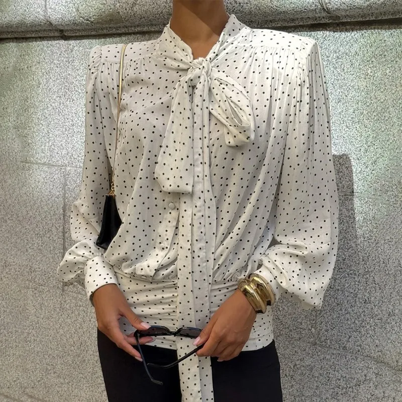 

Элегантная женская блузка Talenza в горошек, новая свободная шифоновая блузка на шнуровке, повседневная модная шикарная женская рубашка-топ для офиса
