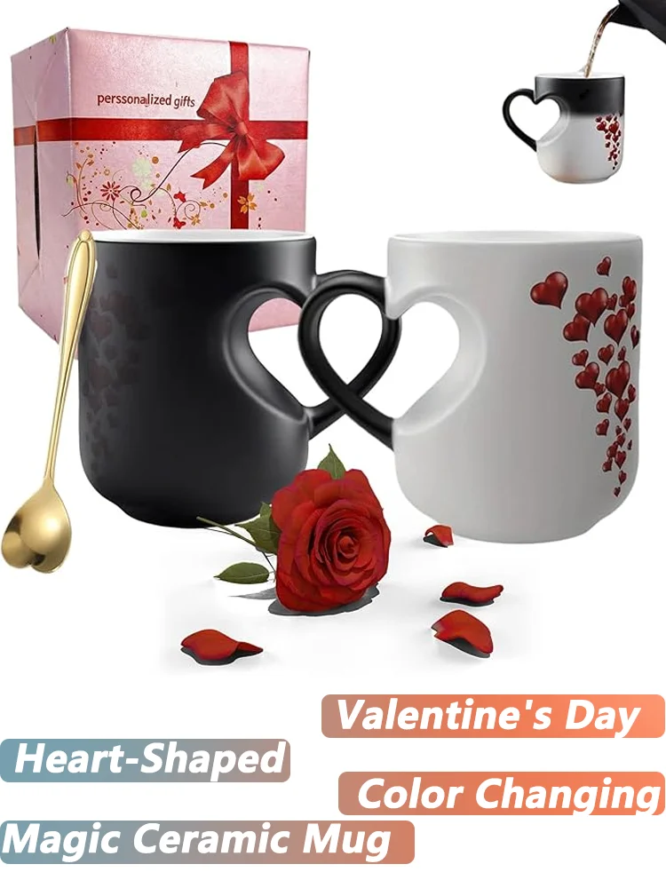 Heat Sensitive Color Changing Heart Handle Mug Strange Rare Mate Couple Valentine's Day Wedding Coffee Mug Cup Festival Gifts