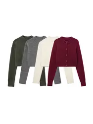 Women's Cropped Knit Cardigan Sweater with Buttons, O Neck, Long Sleeve, Female Outerwear, Chic Tops, Fashion