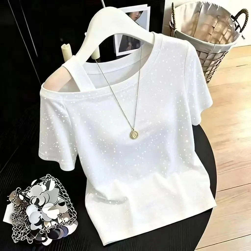 Summer New Design Slant Shoulder One Piece Collar Short Shirt Fashion Versatile Solid Short Sleeve Off Shoulder Women's Top