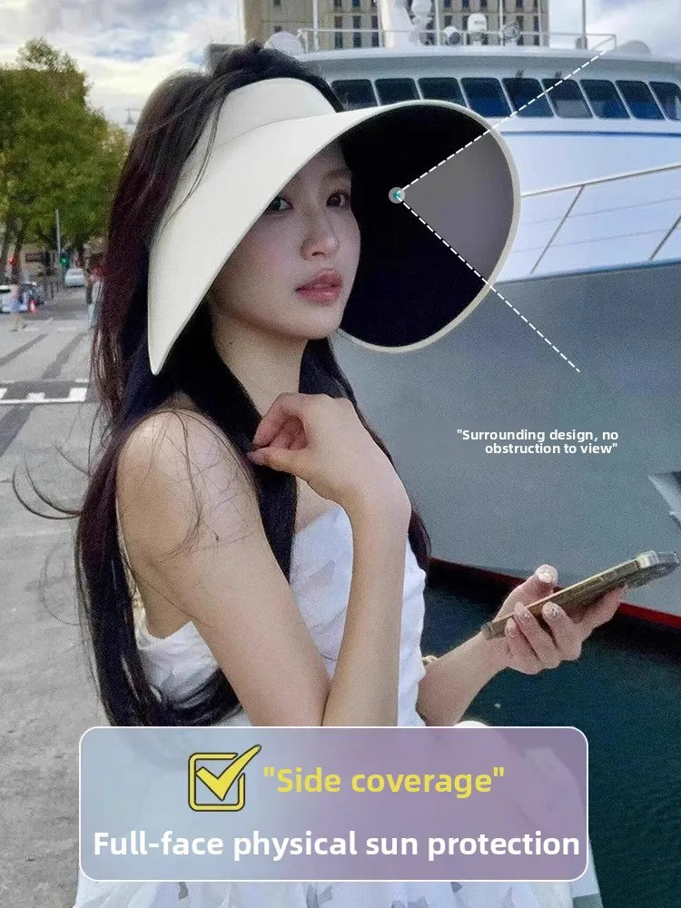 2026 New Style Black Glue Sun Hat Foldable Empty Top Not Drop Large Brim Sunshade Cap Women's Summer Travel Casual Hat
