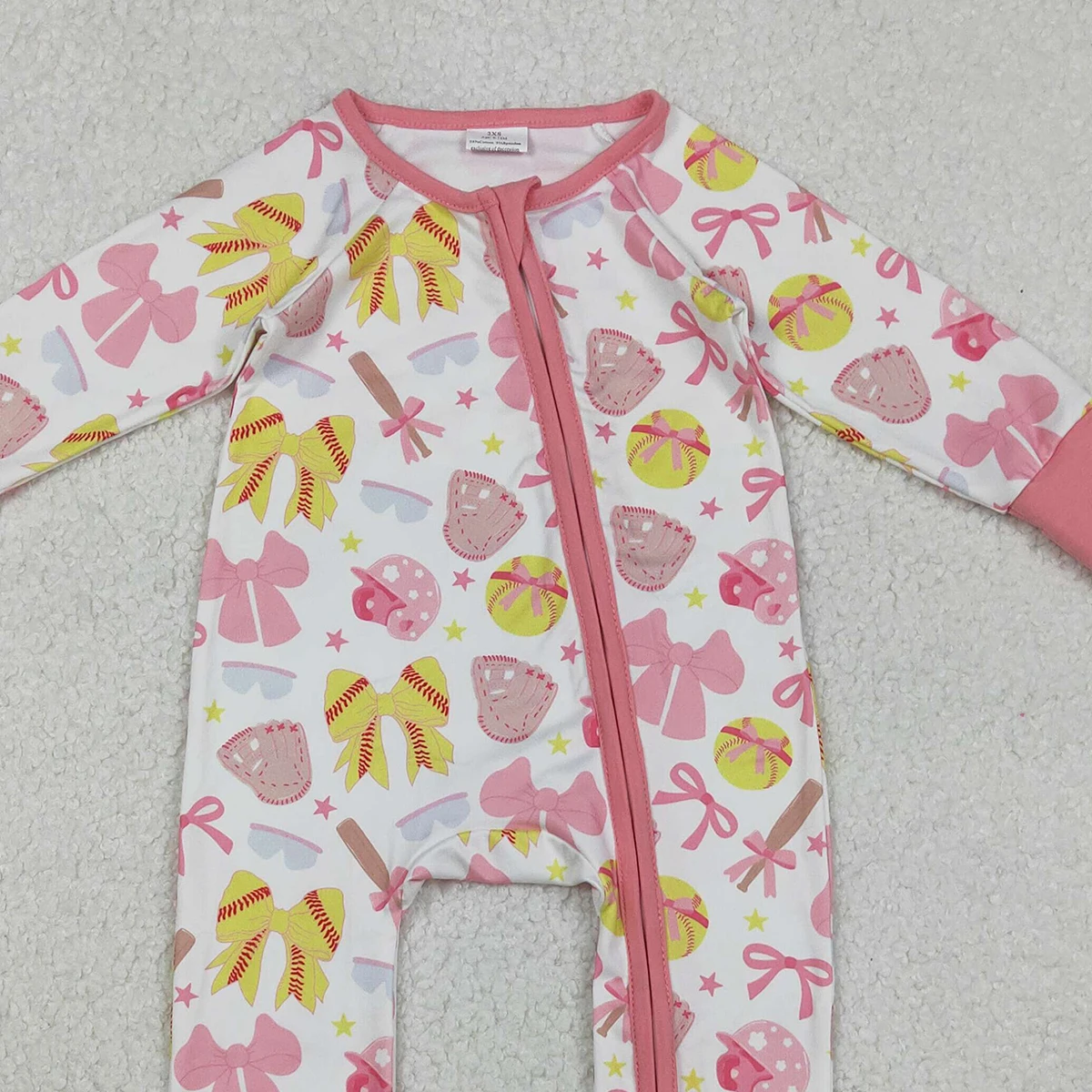 Baby Mädchen Pink Bows Baseball Team Cabrio Strampler Langarm Zwei-Wege-Reißverschluss Softball-Outfit für die Kleinen