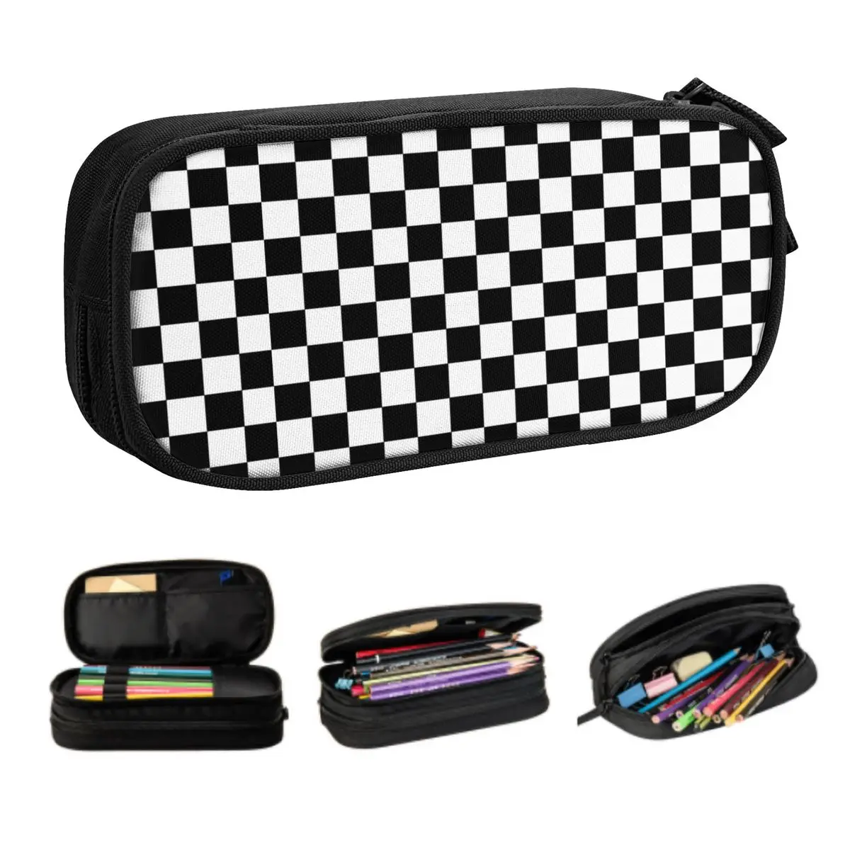 Custom Korean Black And White Checkered Pencil Case for Boys Gilrs Geometric Checkerboard Large Capacity Pen Bag Box Stationery